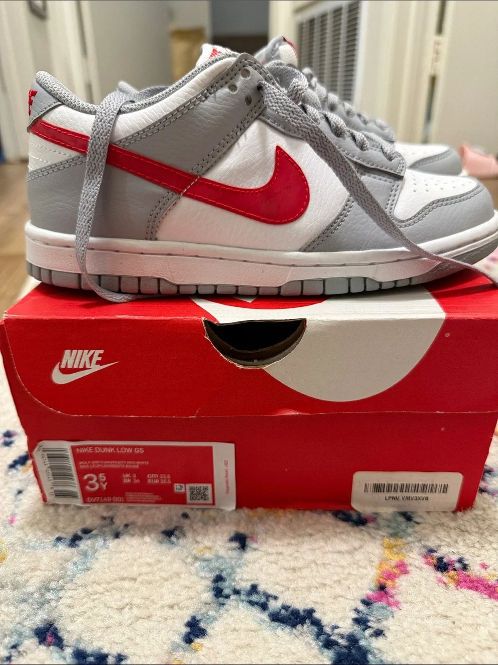 Nike Kids Dunk Low — White and Gray with Red Swoosh